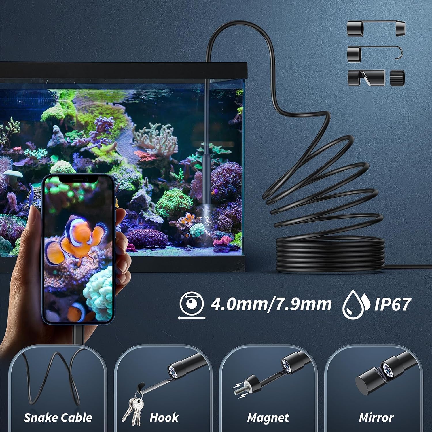 Endoscope Camera with Light, 1920P HD Borescope Tools with 8 Adjustable LED Lights, Endoscope with Semi-Rigid Snake Camera, Inspection Borescope for Ios and Android - 16.3Ft Single Line Single Lens