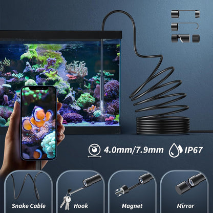 Endoscope Camera with Light, 1920P HD Borescope Tools with 8 Adjustable LED Lights, Endoscope with Semi-Rigid Snake Camera, Inspection Borescope for Ios and Android - 16.3Ft Single Line Single Lens