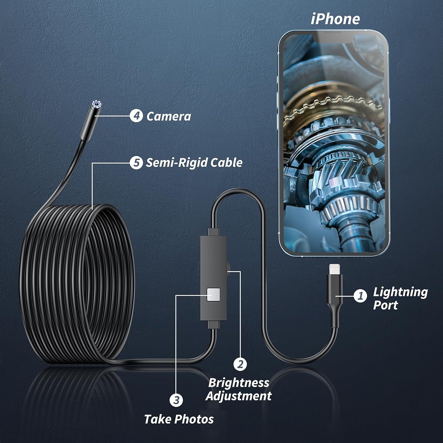 Endoscope Camera with Light, 1920P HD Borescope Tools with 8 Adjustable LED Lights, Endoscope with Semi-Rigid Snake Camera, Inspection Borescope for Ios and Android - 16.3Ft Single Line Single Lens