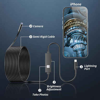 Endoscope Camera with Light, 1920P HD Borescope Tools with 8 Adjustable LED Lights, Endoscope with Semi-Rigid Snake Camera, Inspection Borescope for Ios and Android - 16.3Ft Single Line Single Lens